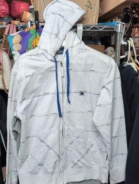 Vintage Men's White Zip Hoodie with Blue Drawcords Subtle Stripe Detail